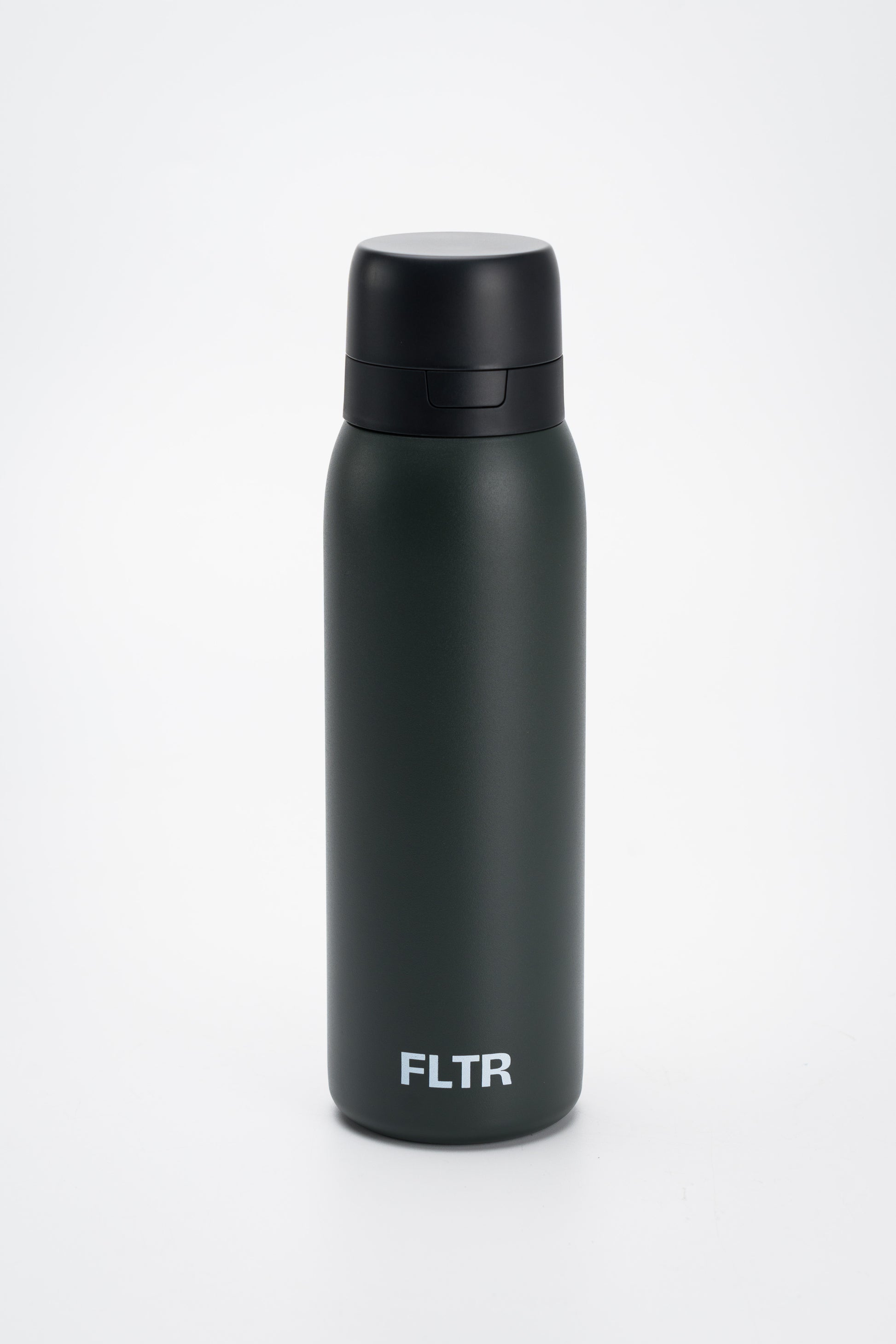 Vibrant dark green alkaline filter water bottle, crafted from stainless steel and BPA-free. This stylish bottle features an advanced alkaline filter for on-the-go filtered water, promoting hydration with enhanced pH levels and reduced impurities. Ideal for active lifestyles, travel, and daily hydration needs