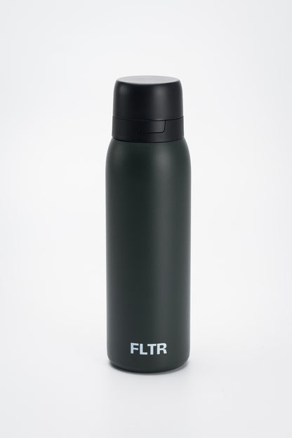 Vibrant dark green alkaline filter water bottle, crafted from stainless steel and BPA-free. This stylish bottle features an advanced alkaline filter for on-the-go filtered water, promoting hydration with enhanced pH levels and reduced impurities. Ideal for active lifestyles, travel, and daily hydration needs